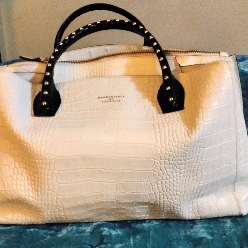 White Crocodile-Embossed Leather Bag